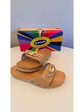 Dr Scholls Women Size 9 M Wood Exercise Clog Sandal Tan Leather Slide Shoe New